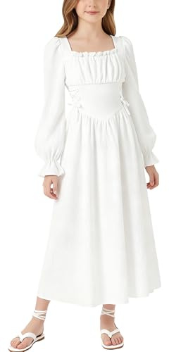 Maeau Girls Dress Renaissance Vintage Medieval Retro Dresses Long Sleeve Victorian Elegant Photo Under Dress Daily Party Wedding Solid Casual Dresses 8-12 Years
