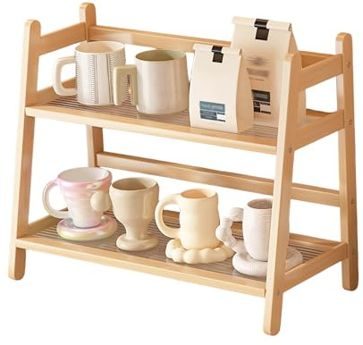 Ausune Coffee Station Organizer, Bamboo Mug Holder Countertop, Kitchen Counter Shelf for Tea Coffee Bar Accessories, Matcha Stand, Cup Display, 2 Tier, 39x29x18cm