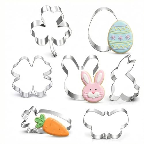 Set de 7 Cortadores de Galletas de Pascua, Cortadores Conejo/Pollo/Mariposa/Huevo/Zanahoria/Flor, Moldes para Galletas de Pascua, Regalo Ideal de Pascua para Amantes de la Repostería
