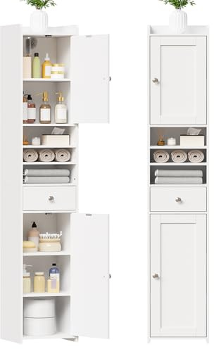 BEWISHOME Badschrank Schmal Hoch, Hochschrank Badezimmer, Badschrank mit 2 Türen, 1 Schublade und verstellbaren Regalen,für Badezimmer, Wohnzimmer, Küche, 30 x 30 x 180 cm (Weiß) EYYG17W