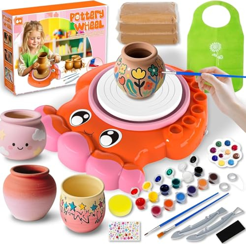 Kit Poterie Enfant avec Argile et Peinture, Kit Loisirs Créatifs Enfants 6+ | Jouet Tour de Potier Électrique, Atelier de Poterie Complet pour Débutants, Nettoyage Facile, Cadeau pour Garçons/Filles