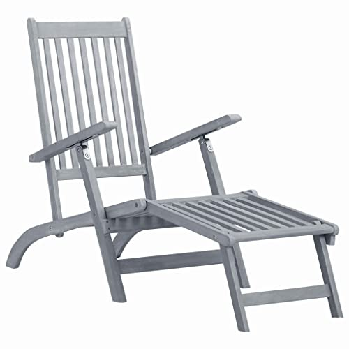 Qnhdfrt Lettino da giardino in legno massiccio di acacia, con poggiapiedi, regolabile in 3 posizioni, pieghevole, per terrazza e giardino, resistente alle intemperie, grigio chiaro, 167 x 56 x 75 cm