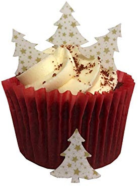 Lot de 50 décorations de gâteaux en papier comestible - Prédécoupées - Motif : Sapin de Noël - Petites étoiles dorées - Idéales pour les cupcakes de Noël ou comme décoration de table