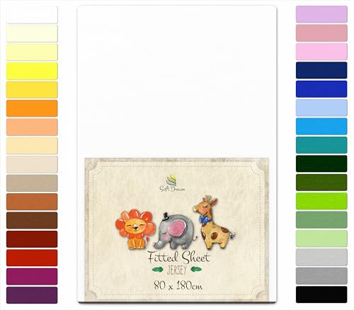 Soft Dream Sábana bajera ajustable de 80 x 180 cm, color blanco, 100 % algodón jersey peinado, certificado OekoTex, fabricada en Polonia