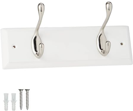 Keypak White Wooden Wall Mounted Coat Rack with 2 Satin Nickel Coat Hooks | Wooden Board for Coats, Hats, Bags, Tools Space Saving Wall Storage Organiser