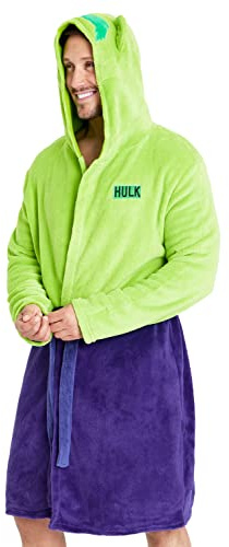 Marvel Mens Dressing Gowns with Hood, Super Soft Fleece Bathrobe Fluffy Dressing Gown Teenagers (M, Green Hulk)