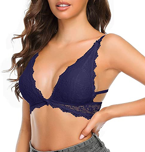 SHEKINI spets BH för kvinnor utan bygel, avtagbara kuddar, triangel-bh, andas och bekväm, Bralette spets, Mörkblå, 6072, L