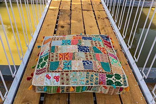 THE ART BOX 88x88x12 cm Vintage Patchwork Cojines Grandes Exterior Cama Perro Grande Decoración Jardín Asiento Suelo Blanco Cojín Decoración Boho Cojín (Solo Funda)