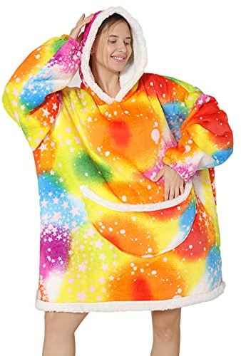 Överdimensionerad huvtröja i filt – Sherpa fleece, bärbar filt i unisexmodell, för vuxna kvinnor och män, fluffig, enorm, bekväm huvtröja, flerfärgad, One size Stor tall