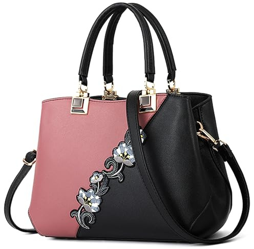 VARLIVOO Handtasche Damen Mittelgroß Elegant Taschen mit Blumenstickerei Leader PU Henkeltasche Frauen Schultertasche Shopper fur Reisen Büro Einkauf Rosa