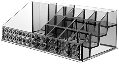 Kosmetik Organizer, Kosmetikorganizer aus Acryl, 16 Fächer, Ideal für Make-up, Schminkpinsel, Wattepads, für Schlafzimmer, Badezimmer, Makeup-Tisch (Schwarz Transparent)