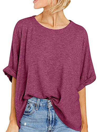 GeGekoko Dam Sommar Kortärmad T-Shirt Oversize Casual Lös Toppar Elegant Blus, Vinröd, XL