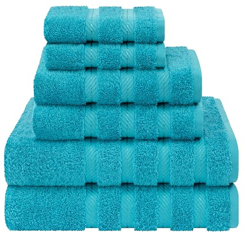 American Soft Linen Juego de Toallas de Lujo de 6 Piezas, 2 Toallas de baño, 2 Toallas de Mano y 2 paños, Toallas 100% de algodón Turco para baño, Juegos de Toallas Azul Aguamarina