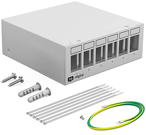 HB-DIGITAL 6-Port Patchpanel Gehäuse für Keystone Module mit z.B. RJ45 Buchse RJ11 Socket Antennenstecker F-Verbinder USB-C USB-A BF/AF HDMI Polklemme Gewindebuchse BNZ - Hellgrau