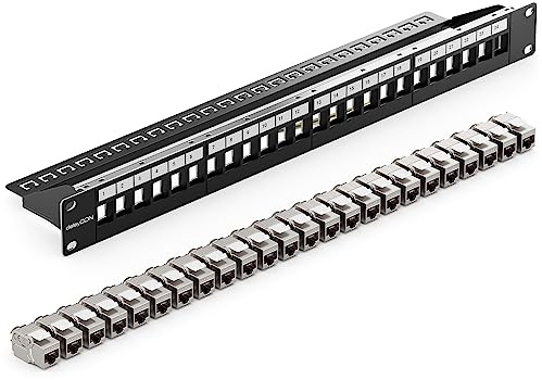 deleyCON SET 24 Ports CAT7 Panneau de Brassage Panneau de Distribution Modulaire 1 U Installation en Rack 19 + 24x Modules Keystone CAT 7 Réseau LAN RJ45 10 Gbit/s 600 MHz Câble D'installation Noir
