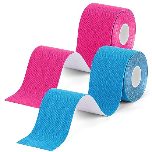 ACWOO Cinta Kinesiología Tape, 2 Rollos Vendaje Kinesiológico, Cinta Muscular, Cinta Cinética, Impermeable Elásticas Vendaje Neuromuscular, Soporte Muscular, 5m x 5cm