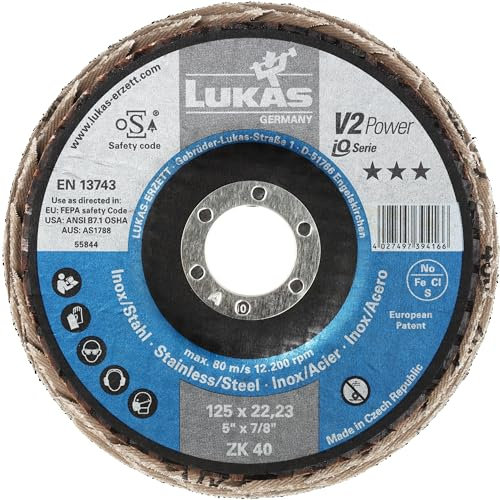 LUKAS-ERZETT - 5 dischi abrasivi a ventaglio V2 Power, universali, Ø 230 mm, in zircone corindone, grana 40, piatto, 23 x 23 x 10 cm