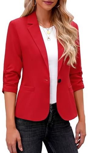 Roskiky Blazer Mujer Elegante Chaqueta de Mujer Elegante Manga 3/4 Blazer Negocios Casual Conjuntos para el Trabajo, rojo, L