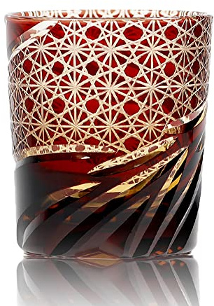 ArinkO Bicchiere da whisky in cristallo senza piombo in stile giapponese tagliato a mano: rosso vivace, capacità 9 once