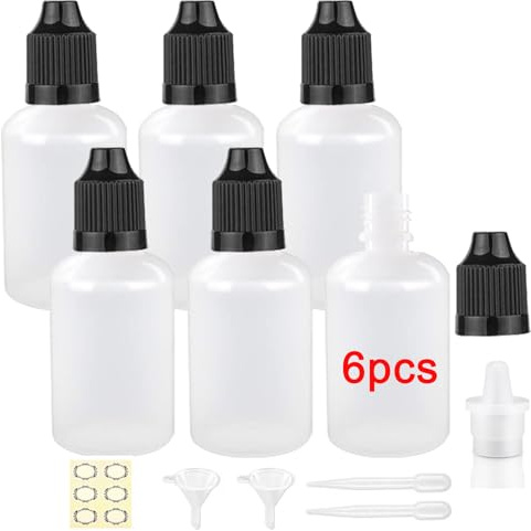 Apstaqeoo 6 st, 50 ml flytande droppflaskor i plast, klämbara provdispenser, vit färg, svart lock/tratt/etikett/droppare för eterisk olja