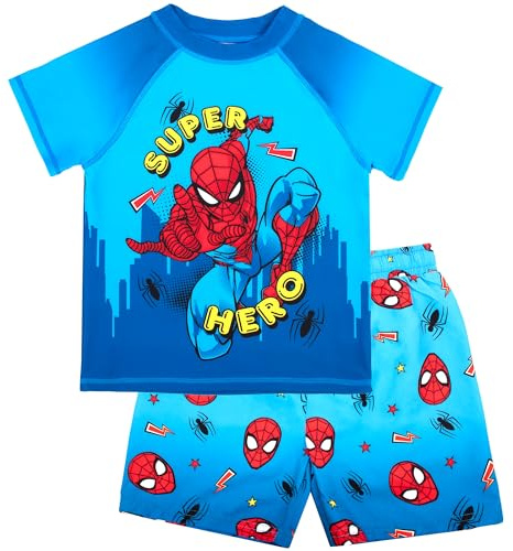Marvel Spiderman badset för pojkar, 2-delade badshorts och t-shirt, UV-solskydd baddräkt för pojkar i åldern 2–6 år, blå, 2-3 år