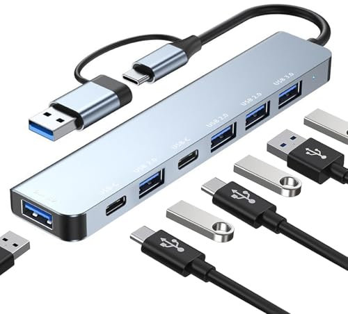 Avigers 7 in 2 USB C Adapter, USB-C Hub Multiport Adapter with Usb 3.0 and 4 usb 2.0, 2 Usb-C Data Ports, Portable Type C Hub for Tablet, Laptop, PS5/PS4, Switch, Printer, USb-Fan, Flash Drive