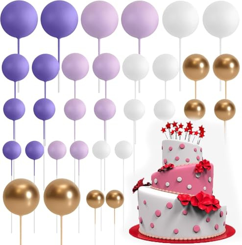32 Pcs Mini Foam Balloon Cupcake & Cake Toppers(Purple White Gold) | Light foam balloon decorations, perfect for cake ball and party cupcake decor