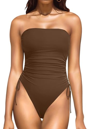 Yonique Women Strapless One Piece Swimsuit Tummy Control Bandeau Bathing Suit Cheeky Swimwear Brown XS