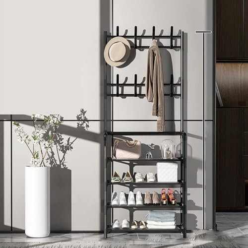 RAABYU GarderobenständerModerne Garderobe für den Eingangsbereich, Schuhbank, 3-in-1-Garderobe in Baumform, multifunktionaler integrierter Schuh- und Hutständer mit 8