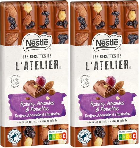 Nestlé Les Recettes de L'Atelier - Tablette chocolat Lait Raisins, Amandes et Noisettes - 170g (Lot de 2)