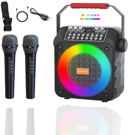 Machine Karaoké avec 2 Microphones sans Fil pour Adultes et Enfants, Haut-Parleur Bluetooth Portable avec lumière LED, Support TWS/USB/AUX pour la Maison, la fête et l'extérieur Square Dance(Noir)