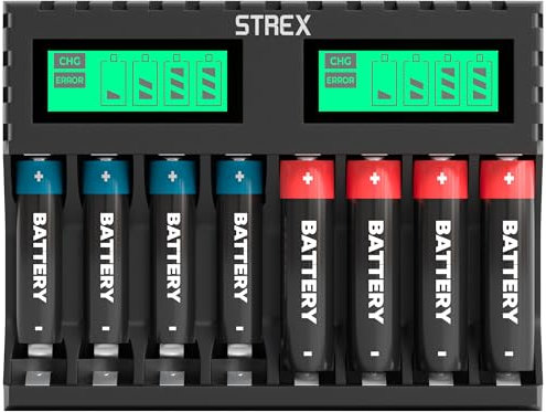Strex Chargeur de Batterie - 8x Piles AA/AAA - Rechargeable USB - Affichage LCD - Chargeur de Batterie Universel Pour Piles Rechargeables