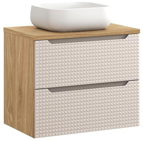 Lomadox Badezimmer Waschtisch 70 cm in Eiche mit beige, Keramik-Waschbecken und grifflose 3D-Front, 2 Softclose-Auszüge