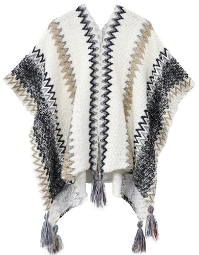 Miaikvs färgglada randiga vintage etnisk stil poncho damsjal kappa stickad sjal med öppen framsida koftor för kvinnor, Ljus vit 1, one size