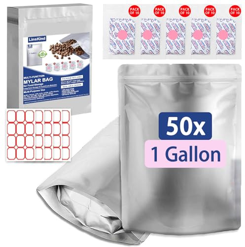 LinsKind 50Pcs Mylar Bags 1 Gallon, 10x14Mylar Bags with Oxygen Absorbers (50x500cc) for Food Storage, Zipper Resealable Heat Sealable Bag, Stand-up Smell Proof Large Mylar Bag with Labels