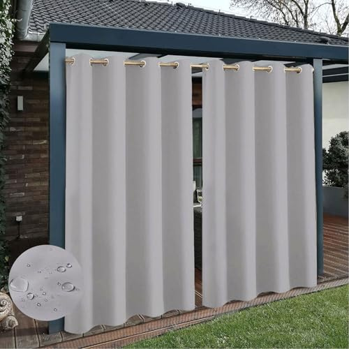 TECDOTO Wetterfeste wasserdichte Outdoor Vorhänge für die Terrasse, Verdunkelungsvorhänge für Drinnen und Draußen, Sonnenschutzvorhänge für Draußen mit Ösen, 1 Vorhang, Hellgrau, B213cm xH183cm