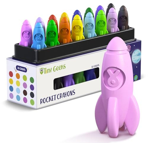 16 Colores Niños 3 Años - Ceras Bebe 3 Año a 8 Años No Toxicas - Pinturas Bebe 3 año a 10 años No Toxicas - Crayones Cohete y Fáciles de Agarrar - Colores Niños 3 Años