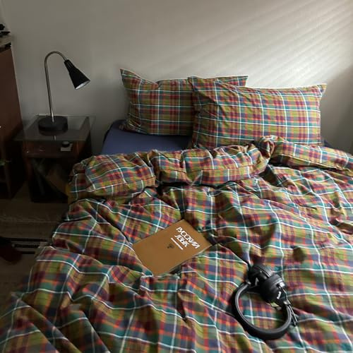 MKXI Buffalo Plaid Duvet Cover Set 3 Piece Vintage Bedding in Kelly Green, Navy & Red | 100% Washed Cotton Reversible Design with Zipper Closure & Corner Ties,Shabby Chic Aesthetic for Full
