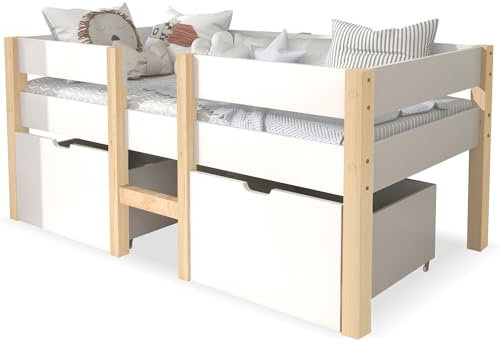 SogesPower Kinderbett mit Schublade & Rausfallschutz – Halbhochbett aus Kiefer-Vollholz 90x200 cm, Weiß/Eiche | Sicher, Stauraum, Splitterfreie Lackierung
