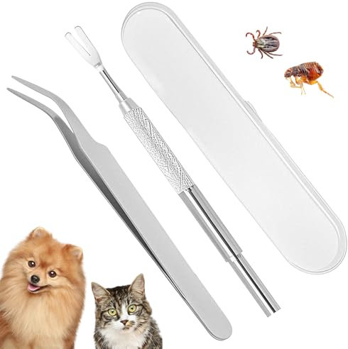 BFQZ 1 Set Tick Remover Tools for Dogs, Tick Removal Tool, Stainless Steel Tick Remover Tool Set Complete Tool Kit for Humans, Cats & Dogs(With Tick Removal Tweezers & Sharp Rake & Box)