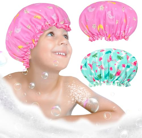 2 Pcs Duschhaube Kinder Elastische Band Doppelte Schichten Wasserdicht Duschhaube Damen Badehaube Damen Dusche Kappe Mit Gerafften Rand Bedecken Ohren Für Lange Kurze Lockiges Haar
