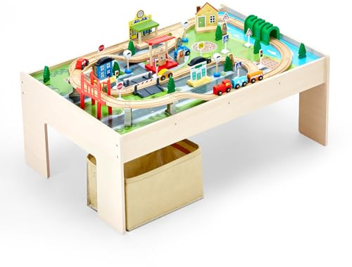 VEVOR Tavolo Ferroviario con Treni Binari Giocattolo, 84 Pezzi Multicolore in Legno, Set di Trenini in Legno con Contenitore Pieghevole per Giocare, Disegnare, Set di Giocattoli Creativi per Bambini