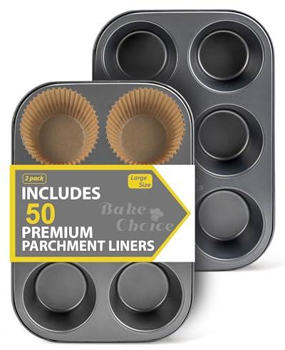 2 Pack Jumbo Muffin Pan for Baking, Extra Large Cupcake Pan includes 50 Natural Jumbo Cupcake Liners, Muffin Tin Nonstick 6 Cup, Baking Pans Set, Carbon Steel Baking Supplies