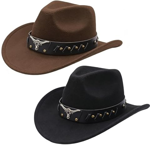 MYKAGS 2 Pack Cowboy Hats for Men and Women Wide Brim Western Felt Outdoor Hat Soft Breathable Lightweight Adjustable Vintage Cowboy Hat (Black and Coffee)