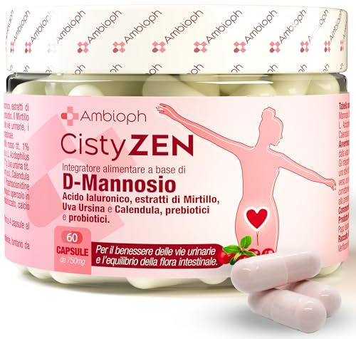 Cistyzen, D-mannosio e Mirtillo Rosso, per Cistite e infezioni delle vie urinarie - 60 capsule con Probiotici e prebiotici, Integratore naturale, soluzione ideale per la Vaginosi Batterica e Cistite