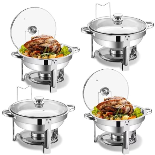 Scaldavivande per buffet, set da 4,5 l, scaldavivande rotondo in acciaio inox, con coperchio in vetro e supporto per coperchio, per feste ed eventi