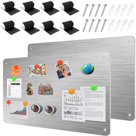 LUPATDY Lot de 2 Tableau Magnétique Mural, 43 x 30cm Plaque Aimantee pour Magnets, Metal Tableau D'affichage Magnétique Pour Cuisine, Bureau, Réfrigérateur - Argenté