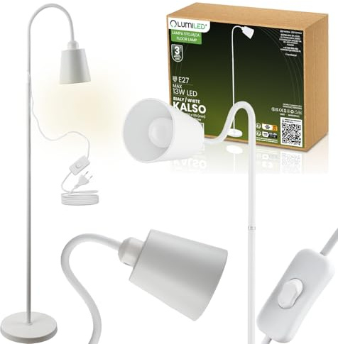 Lumiled Stehlampe Weiß höhenverstellbar Leselampe Schreibtischlampe E27 max 13W LED 230V Metall Modern Standleuchte für Wohnzimmer Schlafzimmer Büro Lampenshirm Bodenlampe ohne Leuchtmittel