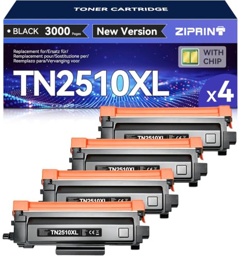 TN2510XL 4X Großpackung sparen für Brother MFC-L2835DW L2827DW HL-L2400DWE | 12.000 Seiten Reichweite – Großpackung mit 4 Kartuschen, Ersatz für Brother TN-2510XL, für Betriebe mit hohem Druckvolumen.