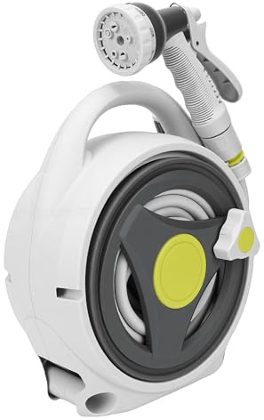 Asixxsix Carrete de Manguera Portátil, Organizador de Almacenamiento de Manguera de Jardín ABS Compacto de 15 M con Espacio para Boquillas y Aspersores, para Riego de Jardín, Balcón,
